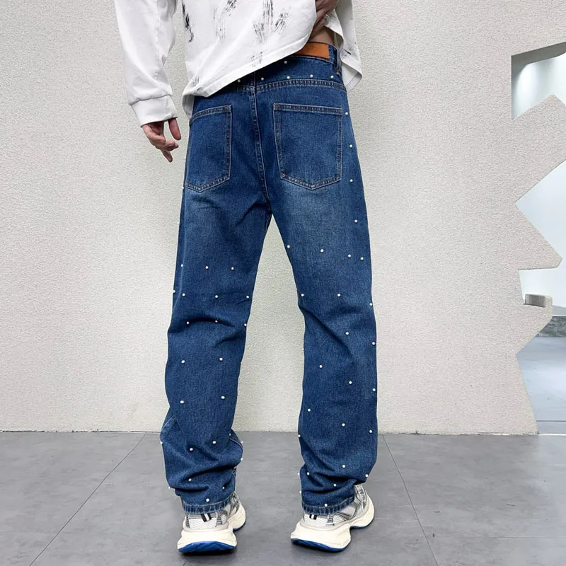 Mens bead streetwear fashionable hip-hop atmosphere loose and casual wide leg straight denim jeans pocket pants mens friend jeans Trousers 241022