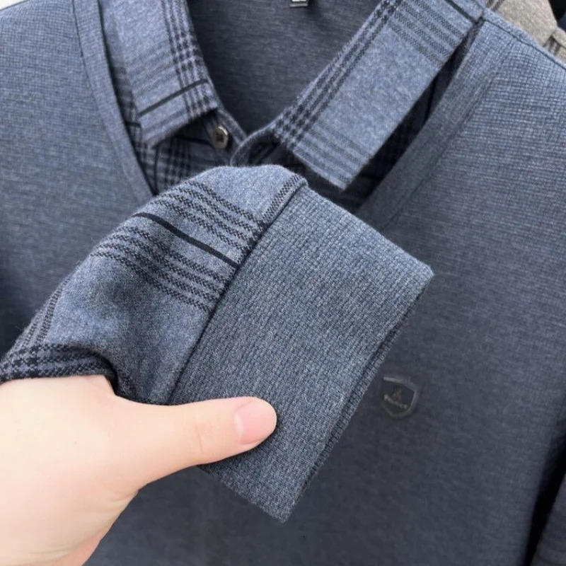 2024AutumnWinter Mens POLO Shirt Exquisite Printed Two piece Long Sleeve Korean Trendy Collar Mens Wear 241010
