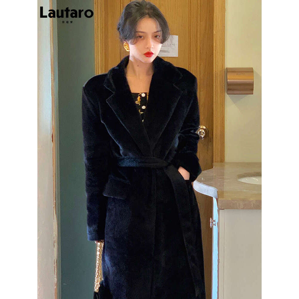Lautaro Winter Oversized Black Soft Faux Fur Trench Coat For Women Long Sleeve Sashes Casual Stylish Korean Fashion