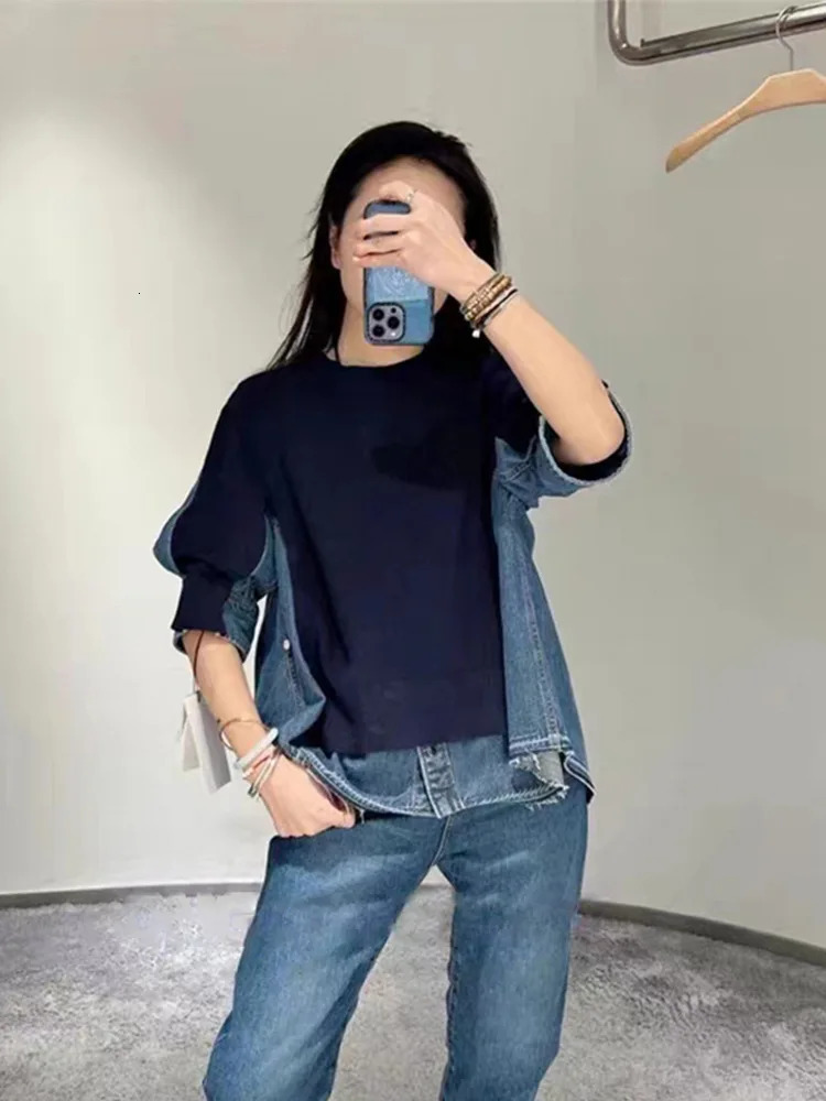 Spring Pullover Allmatch Sweater Top Denim Splicing Shortsleeved for Women Y4346 241021