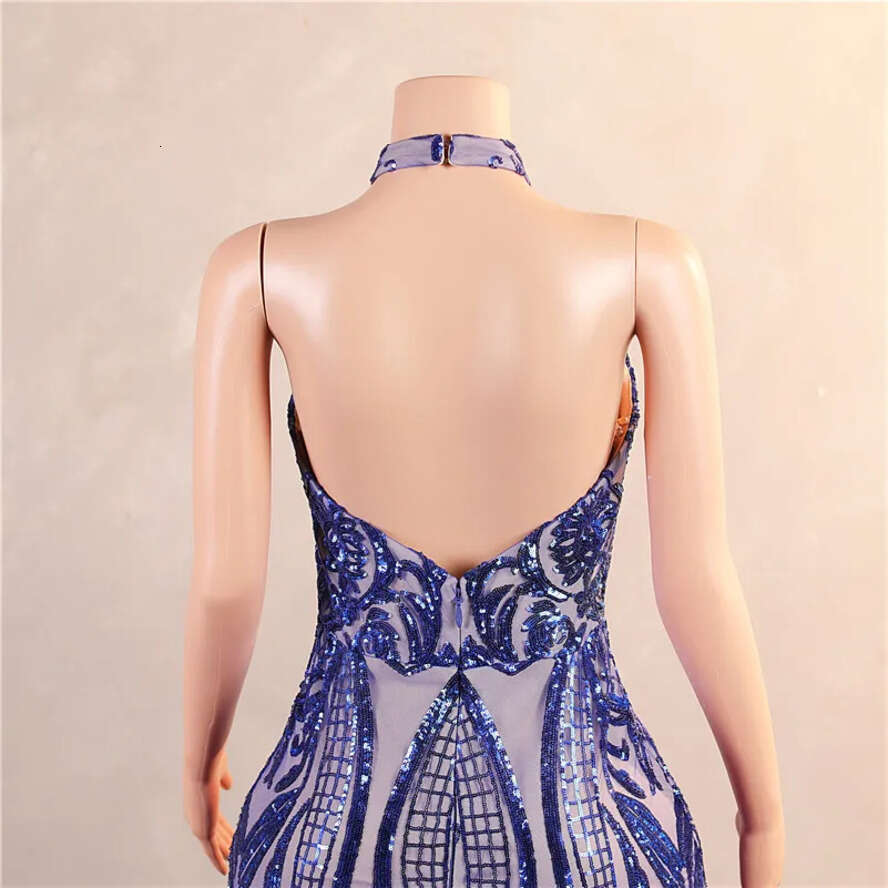 Ruffles Blue Cascading Royal Mermaid Prom Dresses Sequined Lace Wers Halter Neck Backless Long Women Evening Party Gowns Custom Made Bm3507