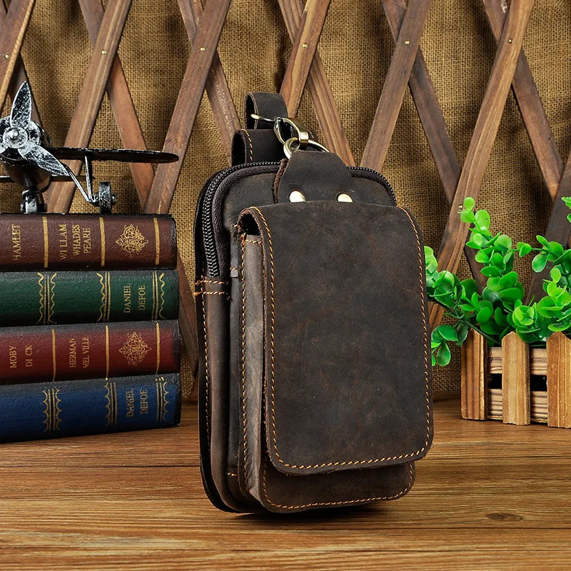 Leather mens casual small waist bag cowhide fashionable hook vagabond bag waist bag cigar box 5.5-inch phone bag 1609 241023