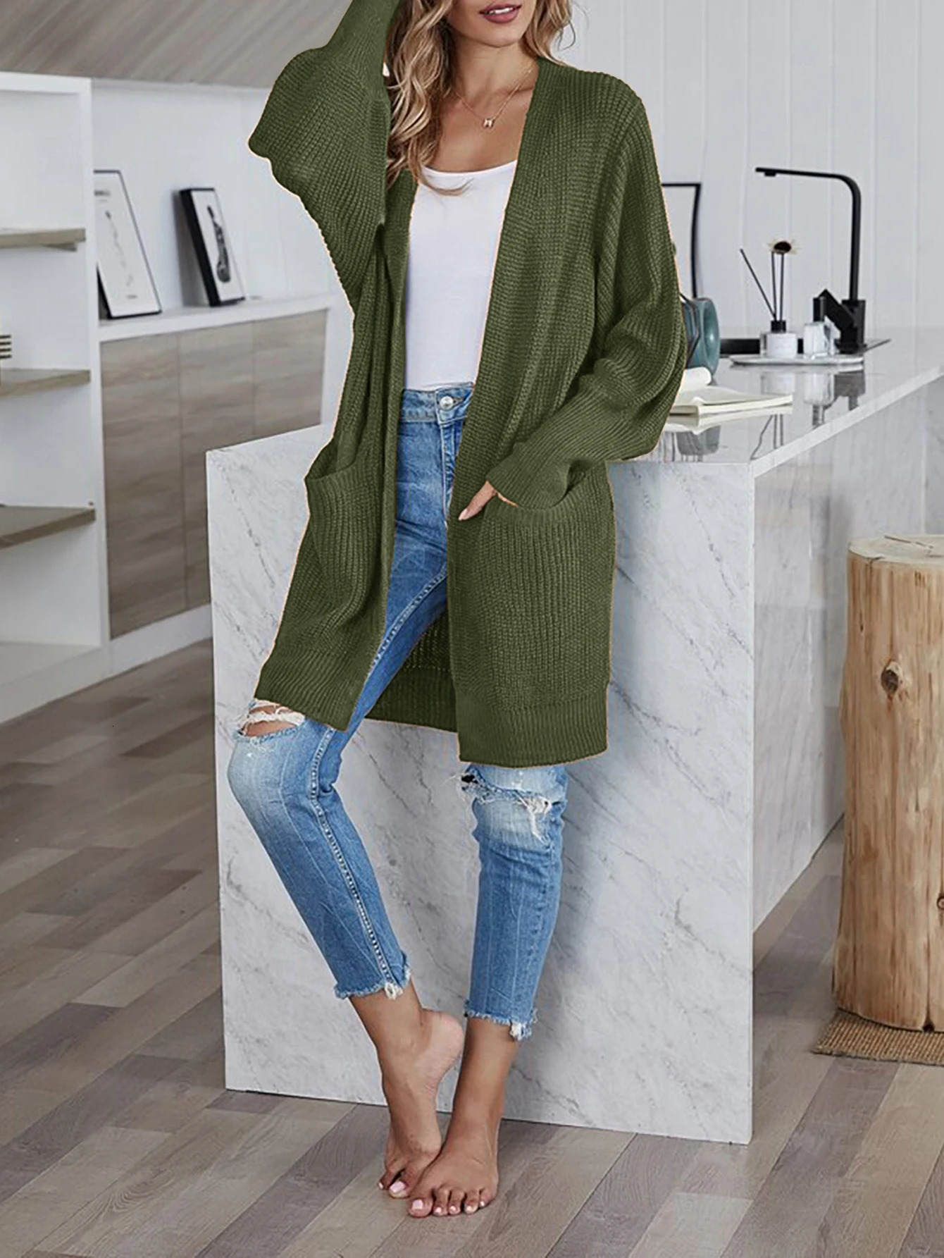 Sweater womens coat wool thread pocket knitted cardigan wool sweater commuting style loose medium length casual jacket 241022