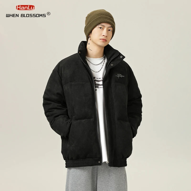 Suede fabric winter warm jacket mens Parkas thick coat mens stand up collar solid color casual Parka womens fashionable streetwear 241023