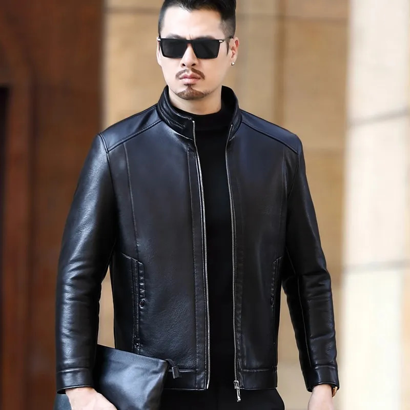 Natural leather jacket mens stand up collar business casual fur one-piece mens soft SE plush lining warm jacket 241023