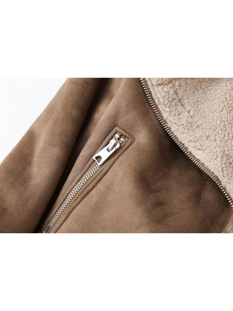 Womens faux fur sheepskin coat suede jacket with belt casual thick warm bicycle jacket zipper oversized leather windproof jacket 241023