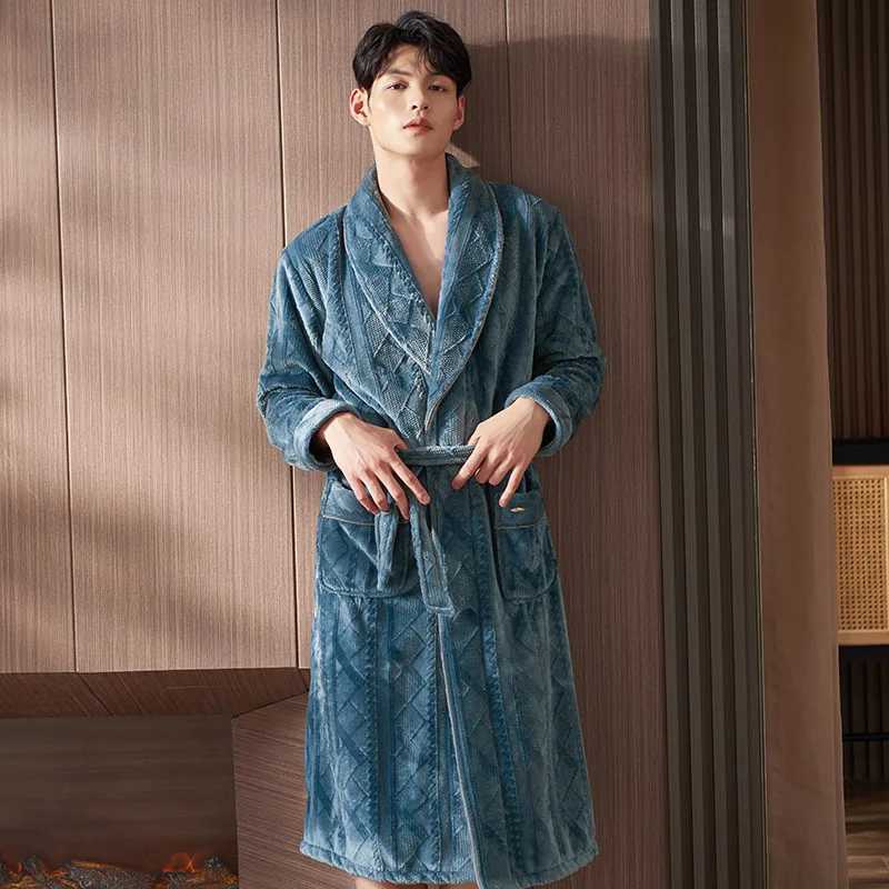 Mens Spwear Long Robes Winter Flannel Thick Terry Robe Mens Long Sve Kimono Warm Bathroom Home Wear Peignoir Mens Robe W241023