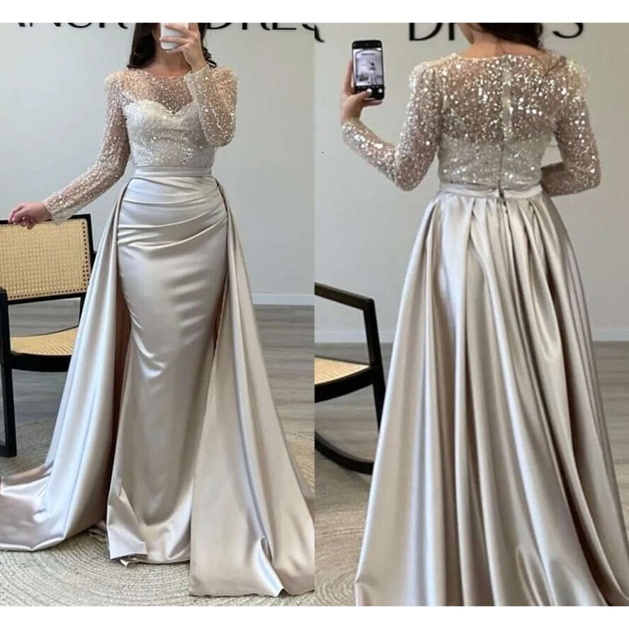 Vintage Long Arabic Dubai Sleeve Evening Dresses With Detachable Skirt Champagne Sier Mermaid Sparkle Sequined Women Ocn Party Gowns Bc
