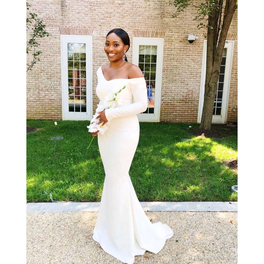 Elegant Off New African Shoulder Mermaid Bridesmaid Dresses Black Girls Or Length Long Sleeves Maid Of Honor Gowns Plus Size Bm0380