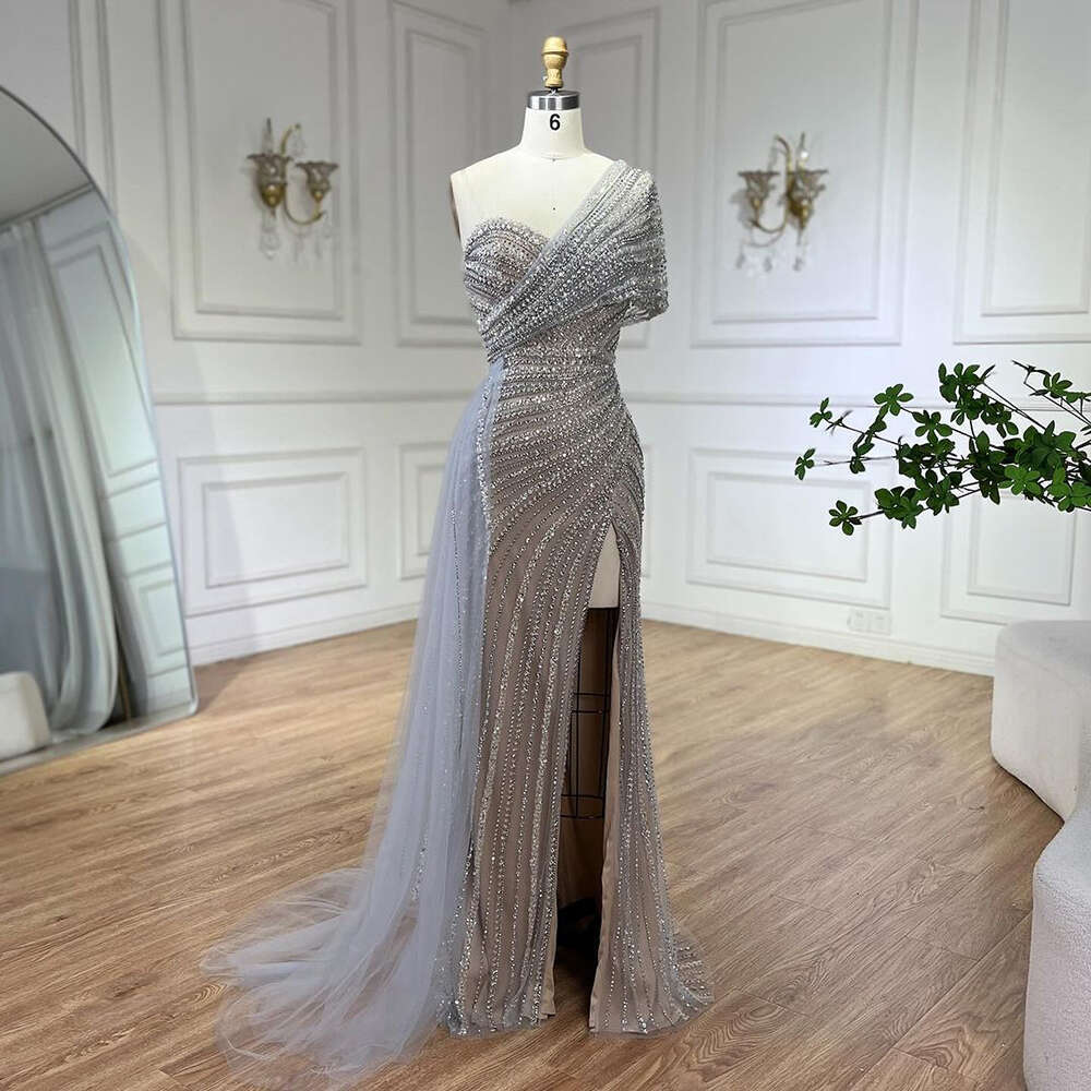 Serene Hill Green Mermaid High Split One Shoulder Beaded Evening Dresses Gowns for Women Party 2024