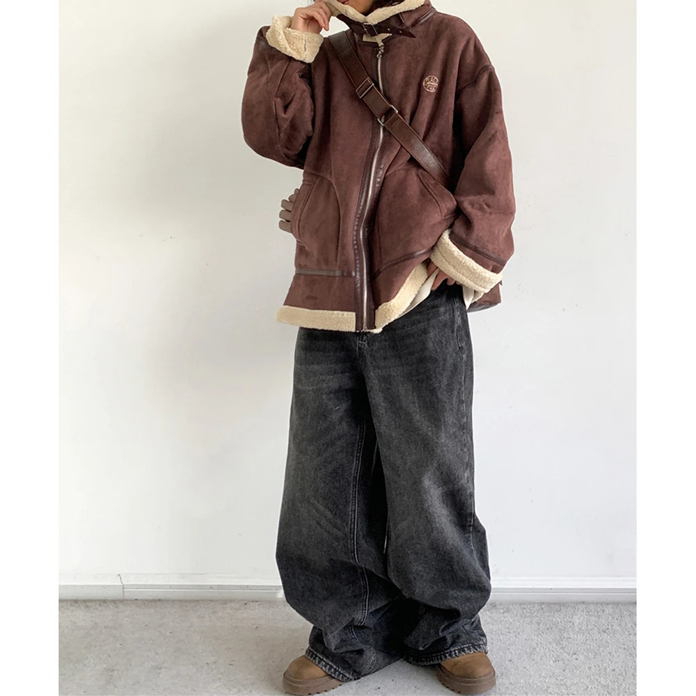 Winter vintage suede wool stand up collar jacket mens womens Korean streetwear high-quality couple jacket Harajuku thick top 241023