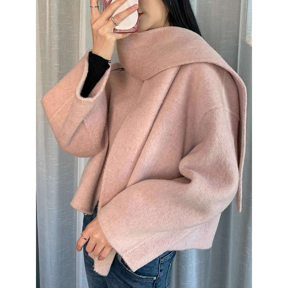BZVW Scarf Collar Short Double Sided Cashmere Coat Womne's Autumn New Single Button Solid Color Minimalism Coats