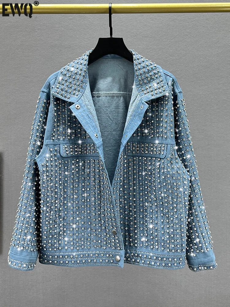 Street Clothing Splicing Rivet Denim Jacket Womens Fashion Collar Long Sleeve Loose Coat Womens Coat Autumn Trend