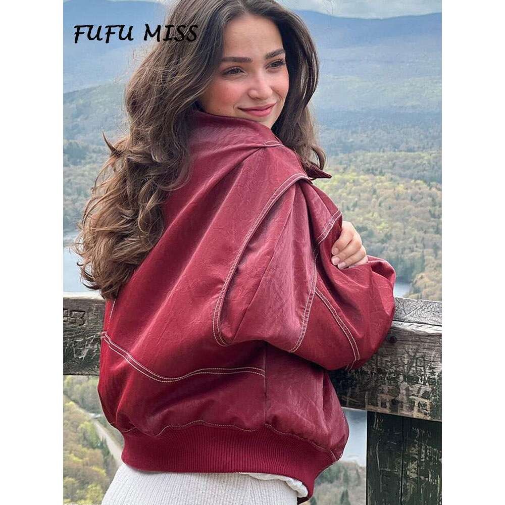 Vintage Solid Lapel Leather Jacket Women Long Sleeve Zipped Pocket Loose Coat 2024 Autumn Lady High Street Locomotive Outerwear