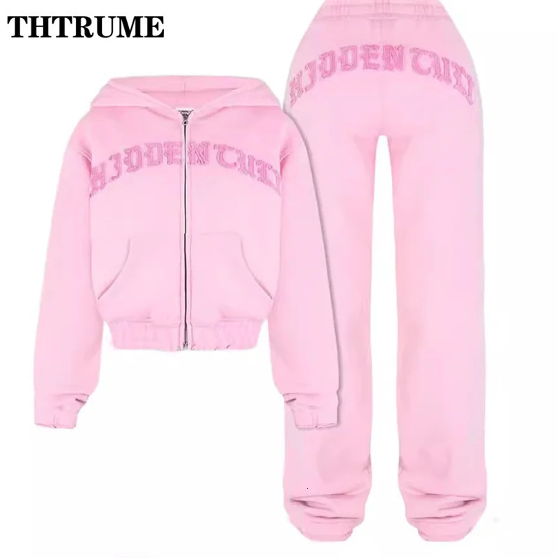 Vintage Y2K Womens Two Piece Set Womens Autumn Zipper Letter Hoodie Harajuku Pants Set Casual Gothic Aesthetic Street Dress 241023