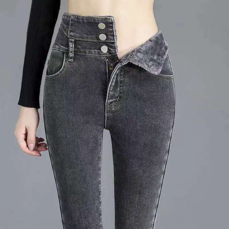 New Winter Thick Veet Women High Waist Skinny Jeans Simple Fleece Warm Slim Fit Stretch Ladies Casual Denim Mom Pencil Pants