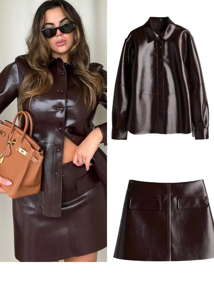 Fashion Pu Leather Jacket Skirt Sets For Women Lapel Long Sleeve Single Breasted Coat Mini Skirts Suit 2024 Autumn Lady Outfits