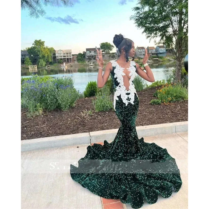 Sequins Sheer Green Dark O Neck Long Prom Dress For Black Girls 2024 Sequined Birthday Party Dresses Appliques Evening Gowns Mermaid Robe De Bal es