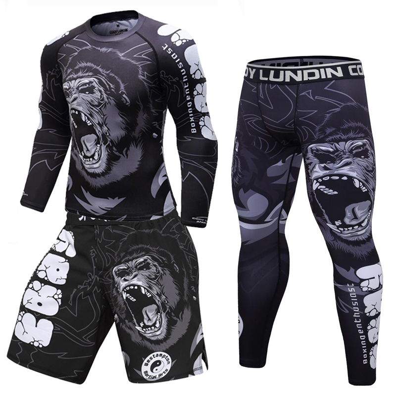 New Men Boxing Set Compression Jersey Pants 3D Orangutan Print Rashguard Kickboxing Tight T-shirts Pants Muay Thai MMA Fightwear