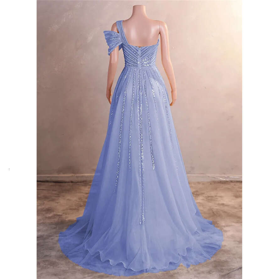 Sequins Evening Side Split Prom Dress One Shoulder Spaghetti Backless Gowns