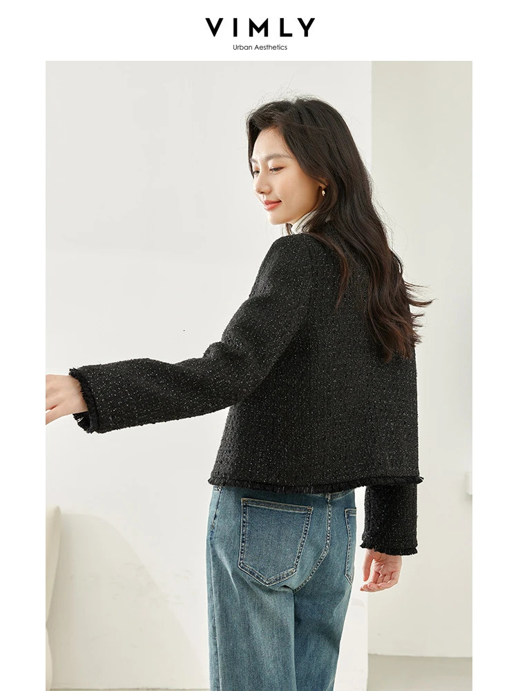 Vimly Black O-neck Tassel Cropped Tweed Jacket Winter Quilted Jacket Womens Single Chest Long Sleeve Womens Coat M3569 241023