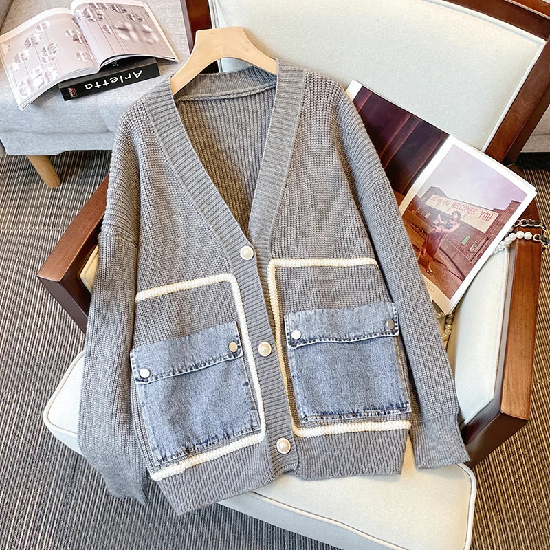 Winter Denim Patchwork Knitting Cardigan For Women Loose V Neck Long Sleeve n Y2K Sweater Fashion Tops 241021