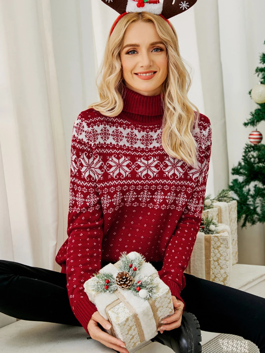 Women s Christmas Snowflake Knitted Sweater Long Sleeve Highneck Print Pullover Knitwear 241021