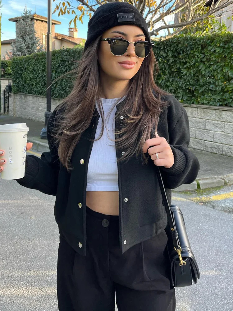 Y2K TRAF coarse tweed womens bomber jacket spring stand collar chic jacket solid womens jacket pocket casual jacket 241023