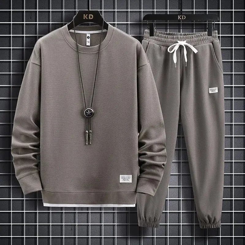 Mens waffle set 2-piece casual long sleeved sweater and pants sports T-shirt hooded casual mens loose set 241022