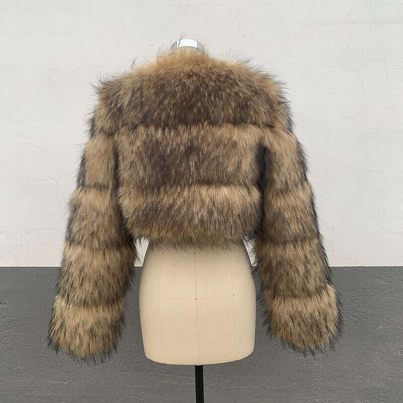 HJQJLJLS Winter New Arrival Women Crop Faux Raccoon Fur Coat Female Fashion Warm Long Sleeve Fluffy Short Furry Jacket