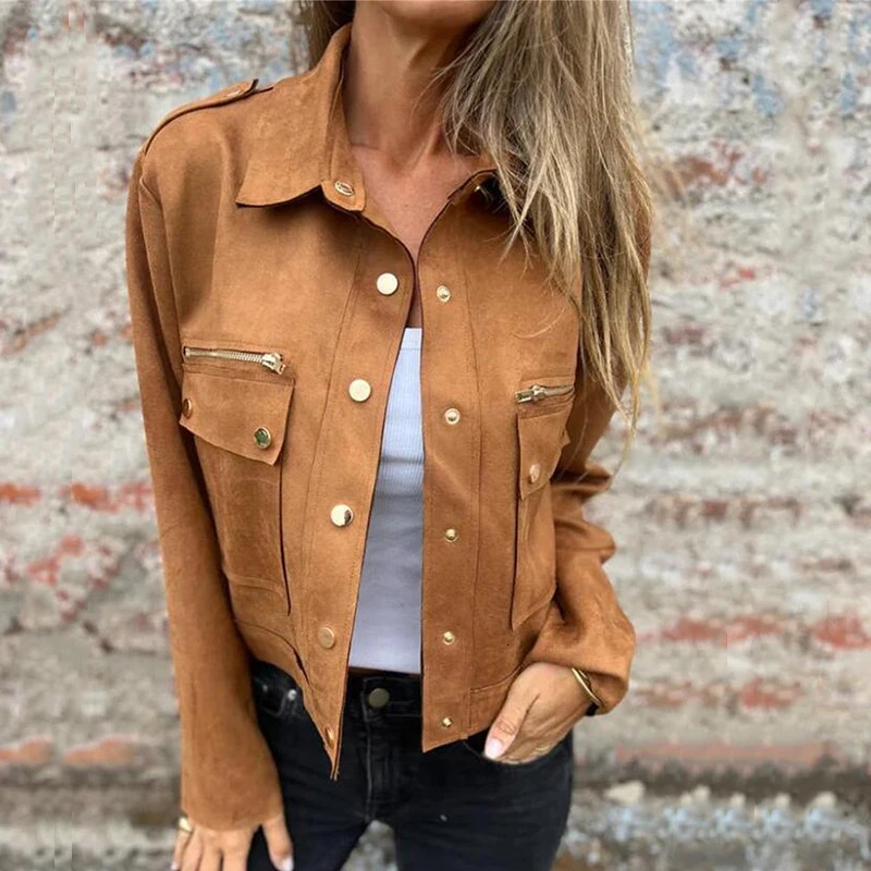 Elegant metal zipper button short jacket fashionable lapel solid color suede jacket womens casual long sleeved pocket jacket 241023