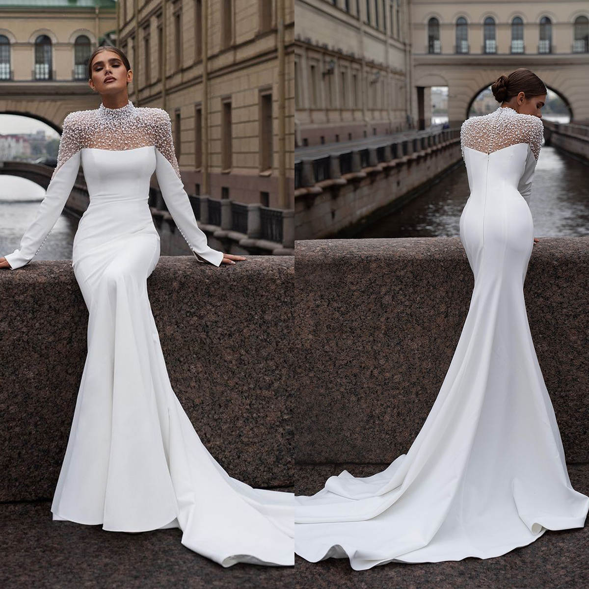 Pearls Beading Mermaid Wedding Dress High Neck Long Sleeve Satin Bride Dress Formal Custom Made Bridal Gowns