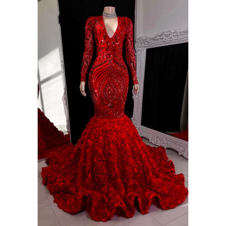 Lace Mermaid Bury Sequin Prom Dresses Black Girls V Neck Long Sleeves Sweep Train Formal Evening Gowns Real Image Bc15403