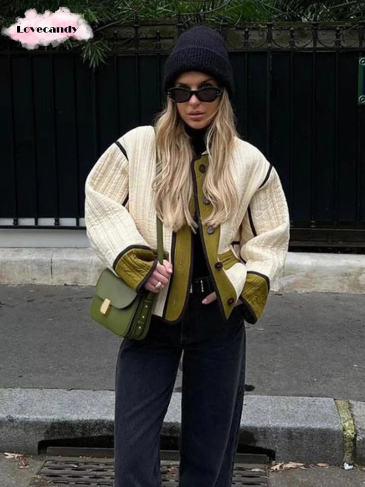 Fashion comparison single chest patch work jacket womens round neck pocket jacket autumn womens casual jacket 241022