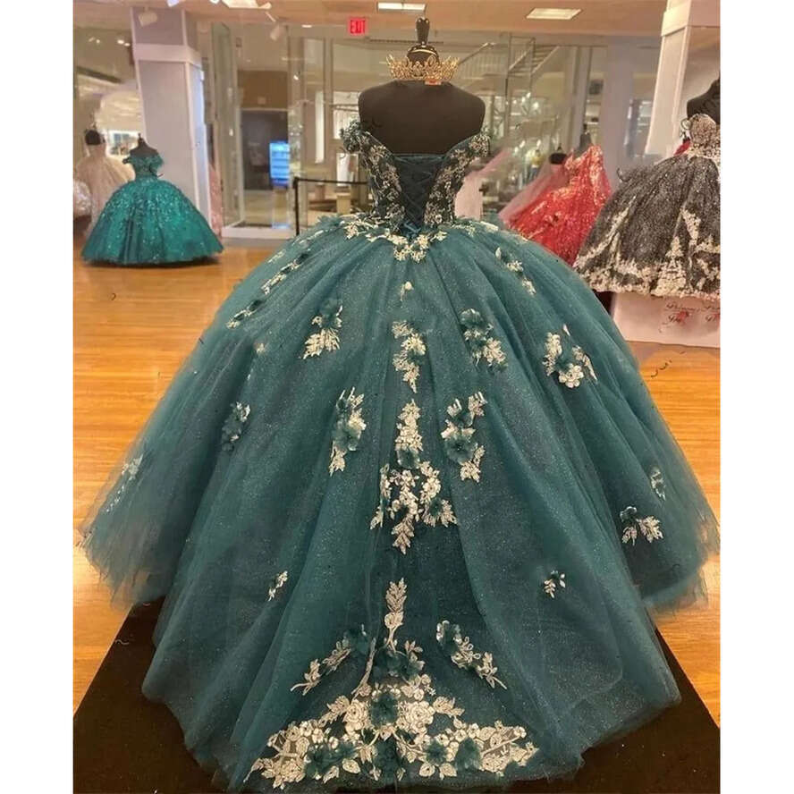 3D Hunter Ral Green Dresses 2022 Off Shoulder Lace-Up Corset Back Puffy Skirt Sweety 15 Vestidos De Quinceanera