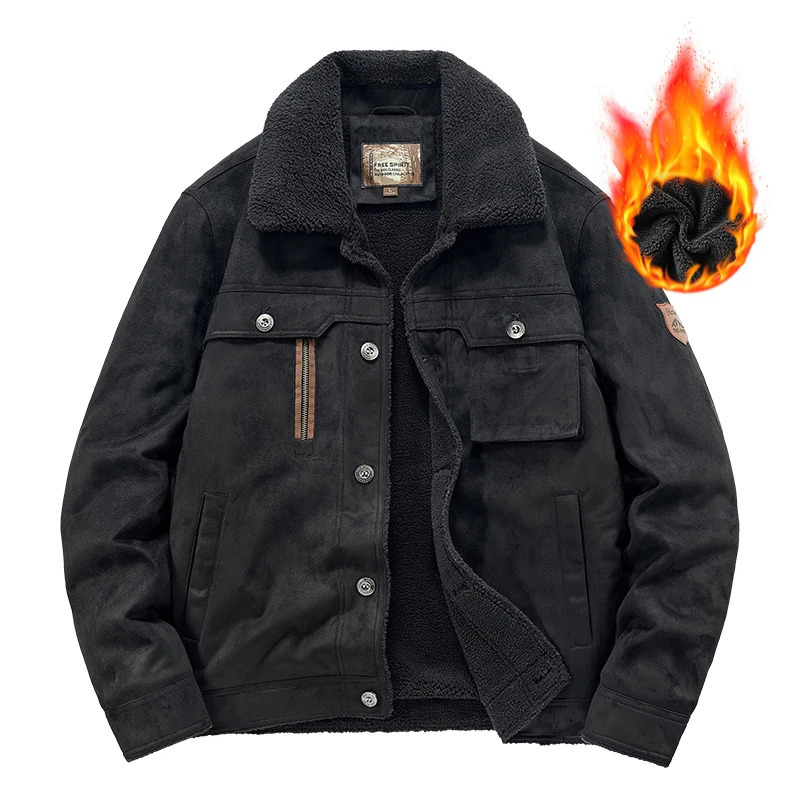 Mens warm jacket velvet thick suede jacket mens fur collar winter casual jacket mens jacket cotton clothing 241023