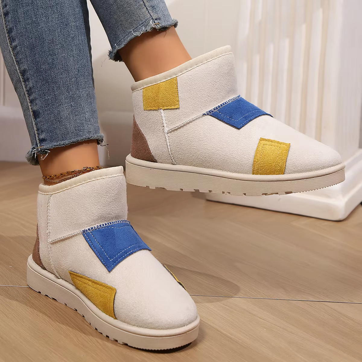 Winter Short-Tube Matching Color Cashmere Cotton Flat Wear-Resistant Fashion Designer Thick Soles Plus Plush Comfort Snow Boots