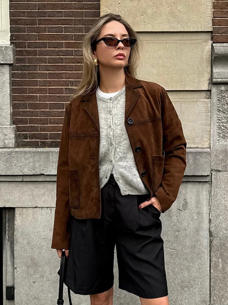 Flip collar single chest suede jacket for women retro short sleeved long sleeved jacket for women autumn casual brown high street jacket 241023