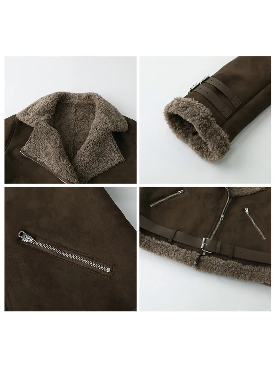 CHIC VEN Winter Jacket Womens Thick Artificial Suede Leather Jacket Street Retro Motorcycle Jacket Thick Plush Warm Bicycle Womens 241023