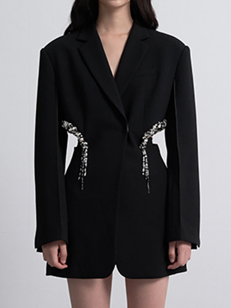 DEAT Fashion Women's Blazer Notched Collar Hidden Breasted Long Sleeve Hollow Out Spliced Crystal Suit Summer 2024 New 17A7109