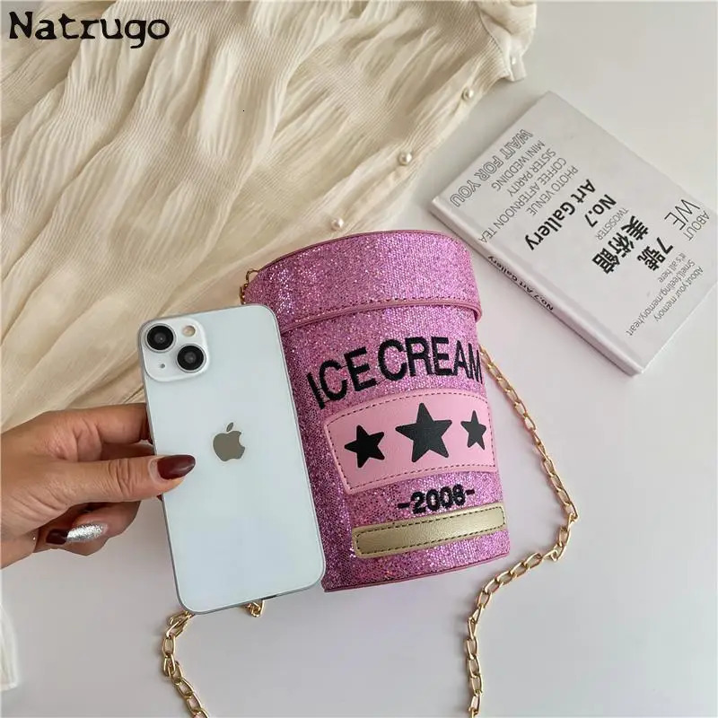 Funny cute cup shape shoulder bag icea cream letter printing bucket bag ladies crossbody messenger bag female purse handbag 241023