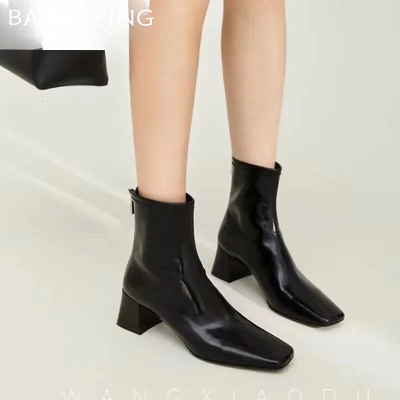 High Heels Ankle Square Toe Short and Fat Leather Shoes Women 2025 Trend Winter Boots Goth Gladiator Botas De Mujer 241106