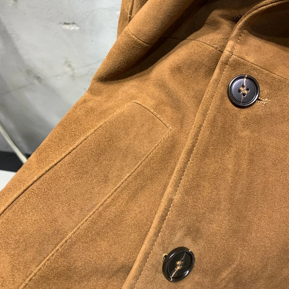 Suede leather coat womens double breasted windproof natural sheepskin coat floor length leather coat womens genuine sheepskin 23023 241023