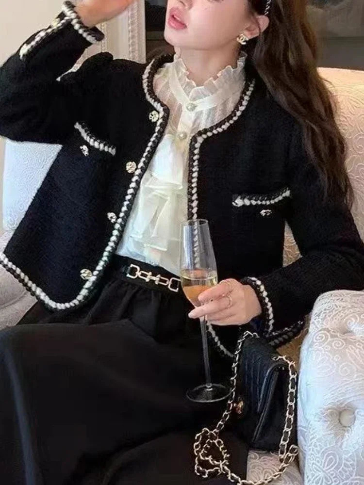 Autumn and winter fashion retro jacket for women Korean elegant single chest cut jacket coarse tweed long sleeved casual short sleeved jacket 241023