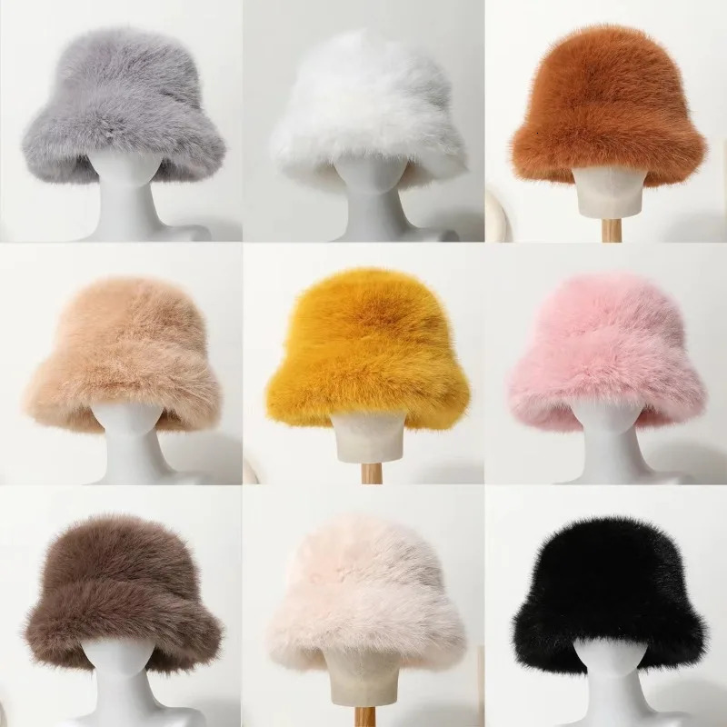Colorful thick faux fur hat for women warm bucket hat for winter cold weather sweet girls hat for women fluffy fur fishermans hat 241023