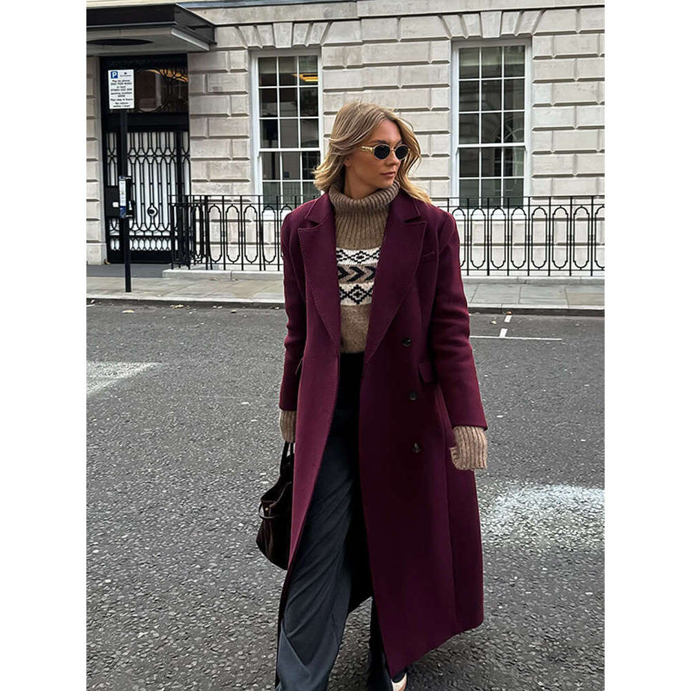 Angora Red Tweed Woolen Coat Lapel Three Button Cashmere Long Wool Suit Overcoat Double Breasted Wide Shoulder Women Outwear