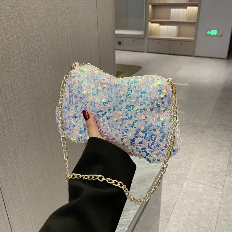 Sequins Crossbody Chain Bag Simple INS Solid Color Sequins Shoulder Bag Mobile Wallet Night Handbag 241023