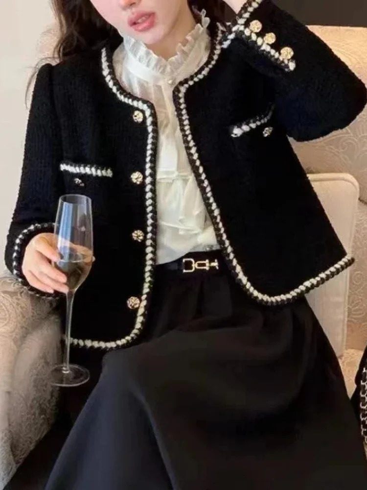 Autumn and winter fashion retro jacket for women Korean elegant single chest cut jacket coarse tweed long sleeved casual short sleeved jacket 241023