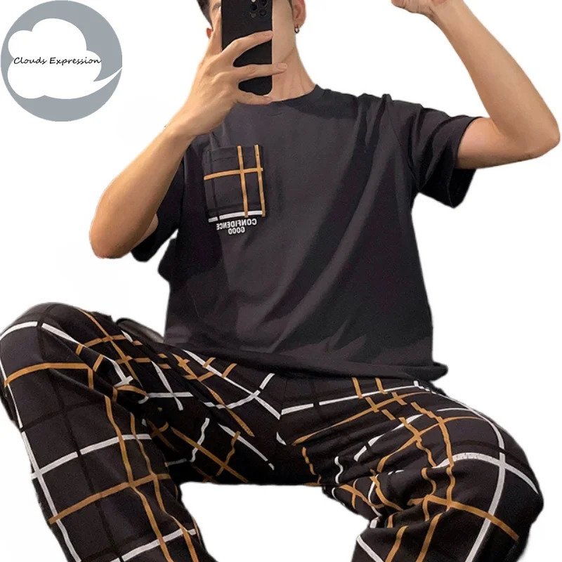 Summer Knitted Plaid Cool Mens Pyjamas Pajamas Casual Pjs Lounge Sets Masculine Sleepwear Nightwear Pijamas 3XL Homewear Fashion 241022