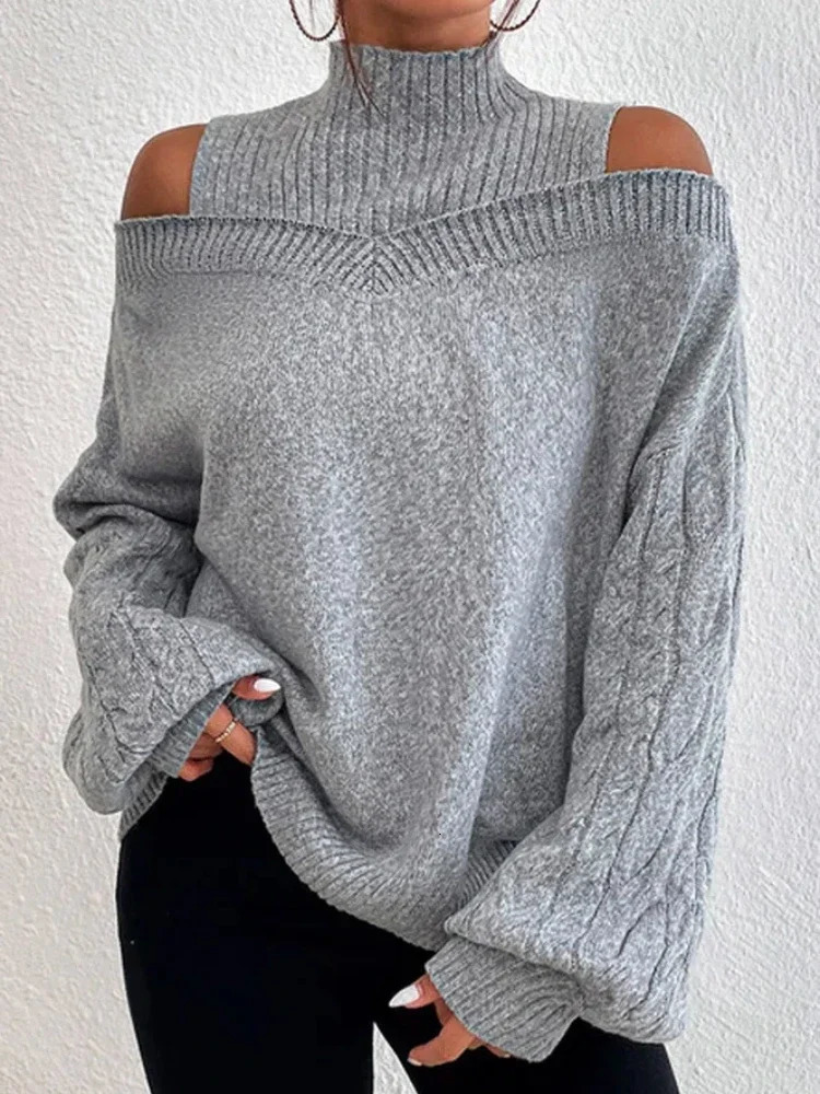 Winter Fashion Womens High Neck Knitted Pullover Loose Elastic Wool Top Off Shoulder Elegant Street Style Sweater